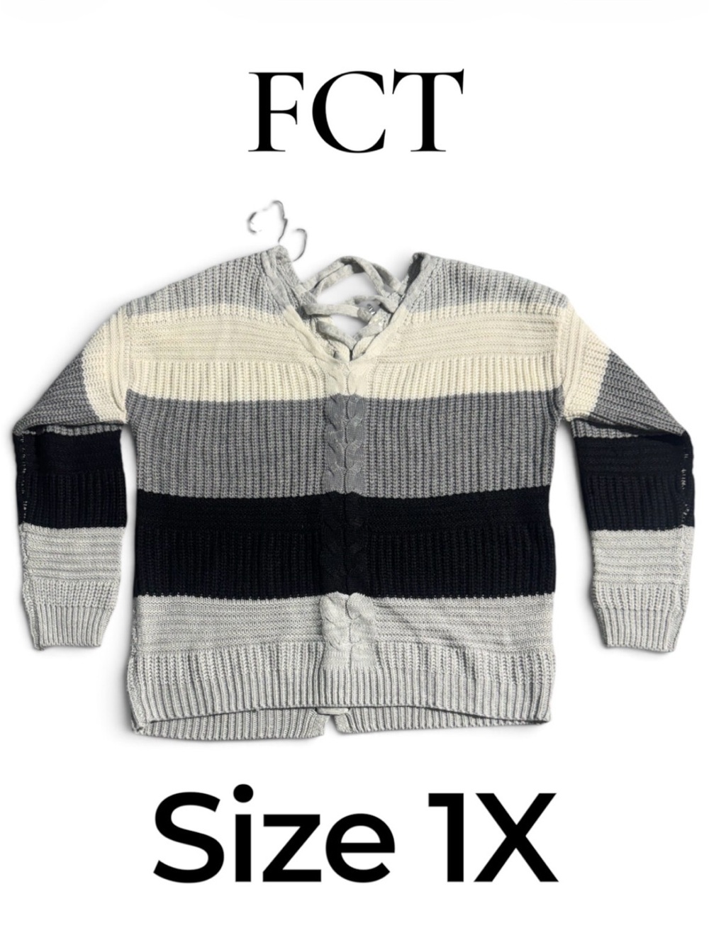 FCT Women’s Striped Knit Sweater - Gray/Black/White - 1X
